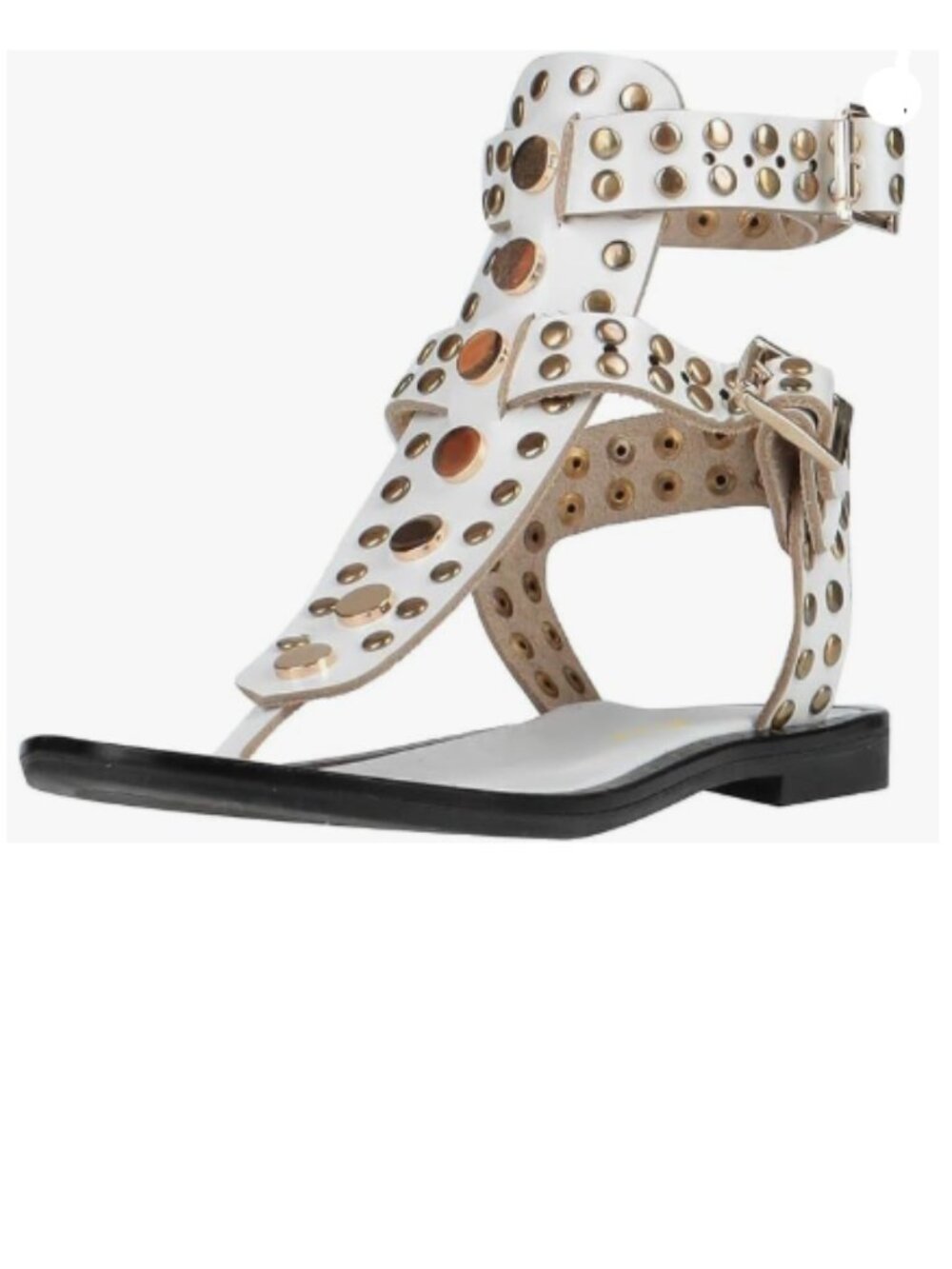 FOWT White Round Split Toe Rivet Studded Flat Gladiators Ankle Strap Sandals